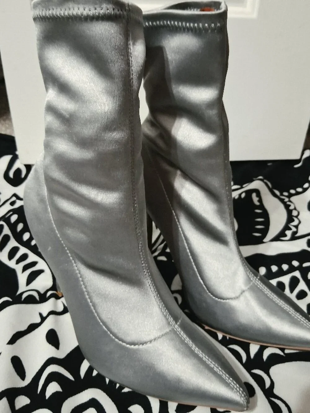 Qupid Silver Stretch Satin Sock Boots Pointed Toe Stiletto Heels